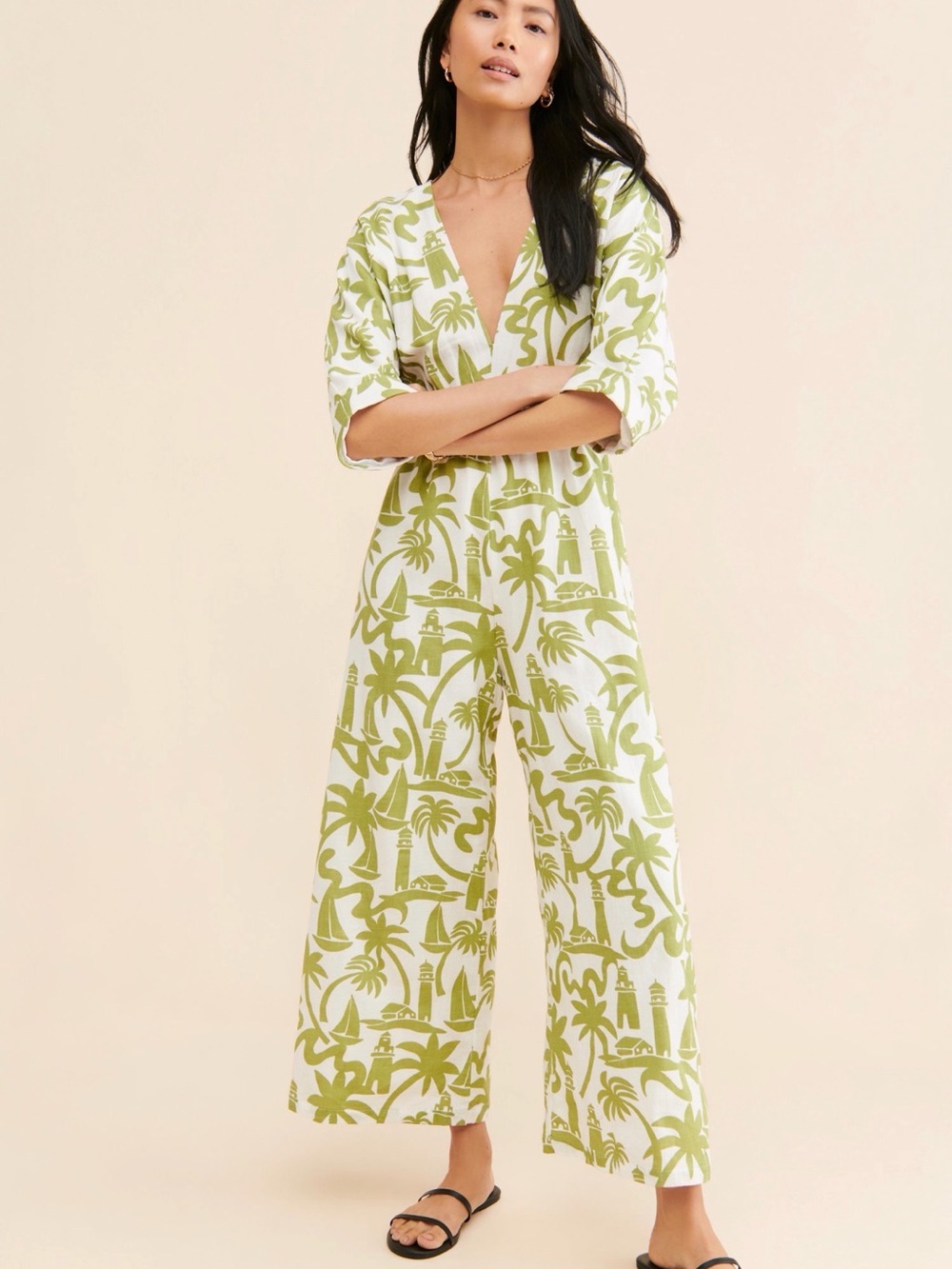 Girl & The Sun Hunter Palm Print Wide-Leg Jumpsuit